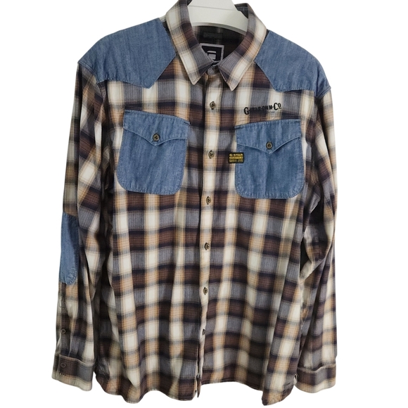 G-STAR RAW Plaid Denim Patch western cowboy Shirt brown blue xxl - Picture 1 of 15